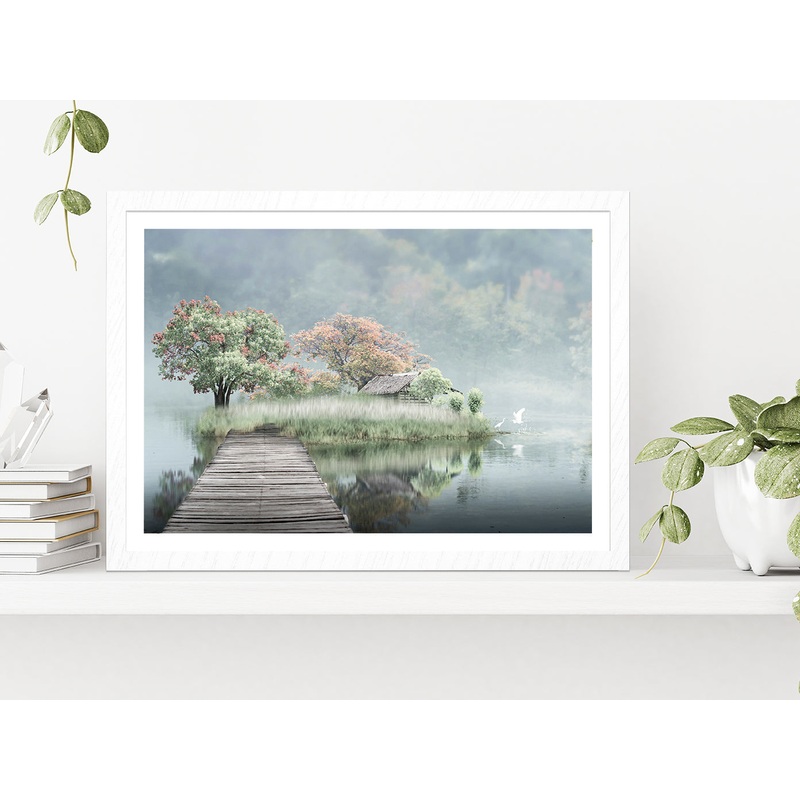 Autumn Trees & House on Lake with Wooden Pier Glass Framed Wall Art, Ready to Hang Quality Print