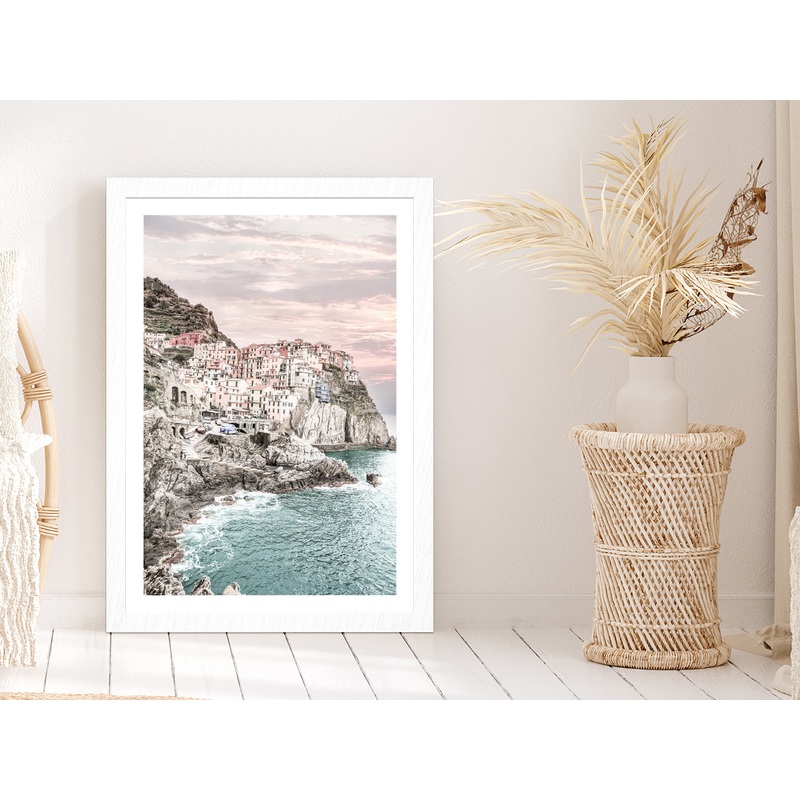 Cinque Terre Faded City & Sea Photograph Glass Framed Wall Art, Ready to Hang Quality Print