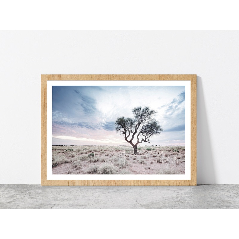 Dead Tree on Landscape & Cloudy Sky Photograph Glass Framed Wall Art, Ready to Hang Quality Print