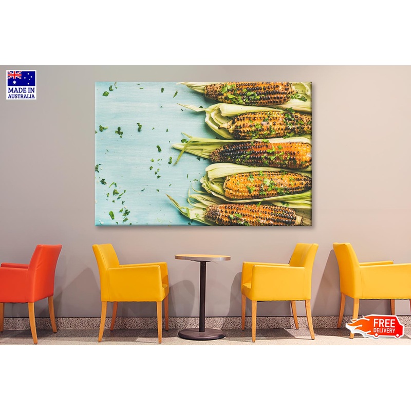 Lat-Lay of Grilled Sweet Corn with Smoked Sea Salt Wall Art Decor 100% Australian Made
