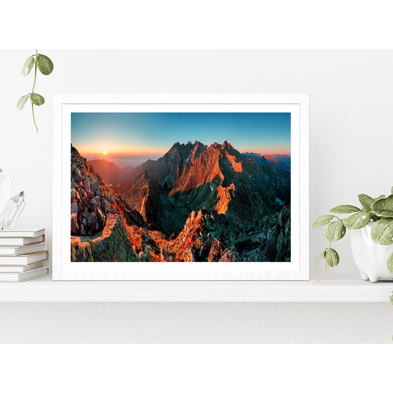 Mountain Sunset From Peak Glass Framed Wall Art, Ready to Hang Quality Print