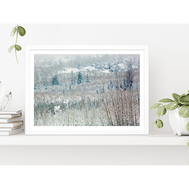 Snowy Winter Woodland Glass Framed Wall Art, Ready to Hang Quality Print