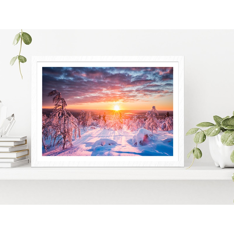 Winter Land Scenery At Sunset Glass Framed Wall Art, Ready to Hang Quality Print
