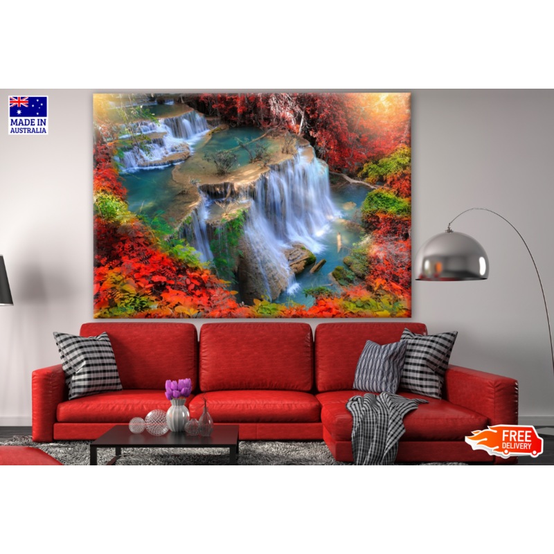 Waterfall with Red Flowers Photograph Print 100% Australian Made