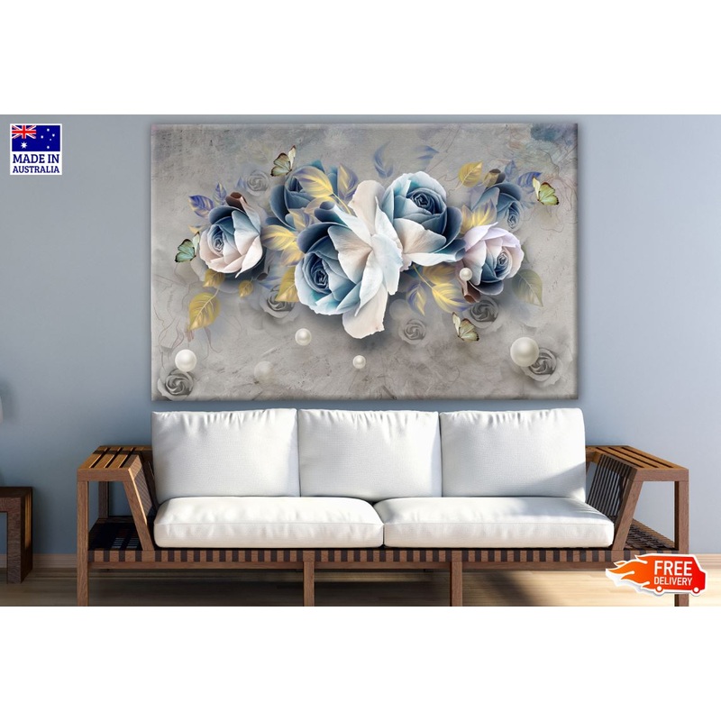 3D Blue & White Rose Floral Design Print 100% Australian Made