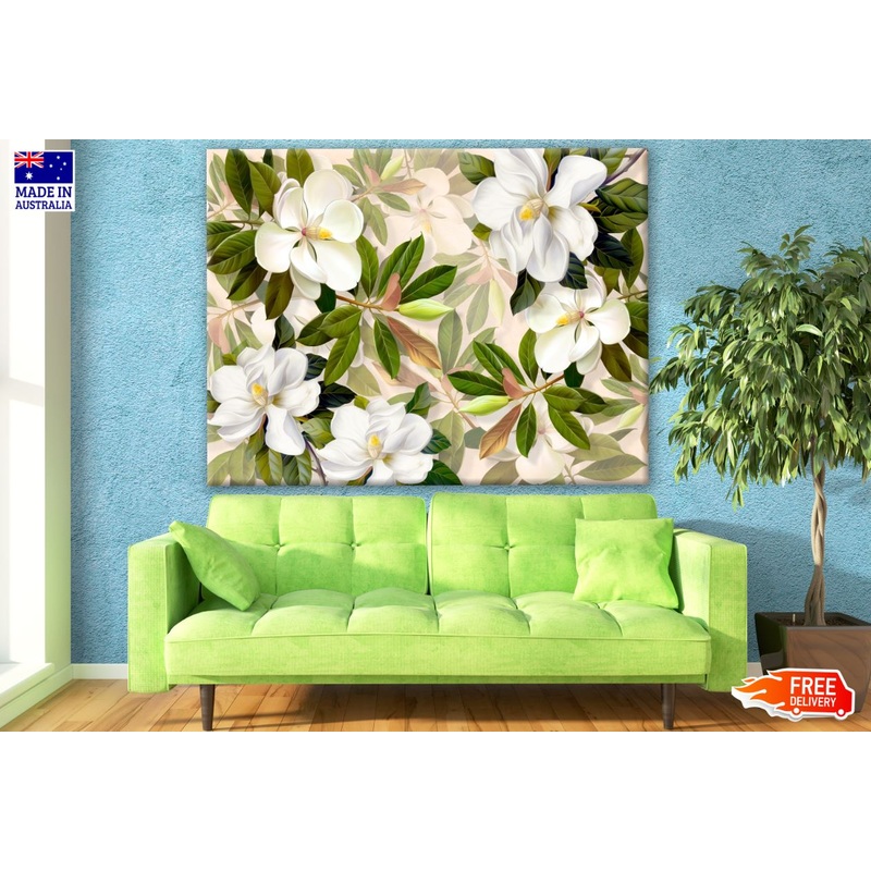 White Flowers & Leaves Painting Print 100% Australian Made