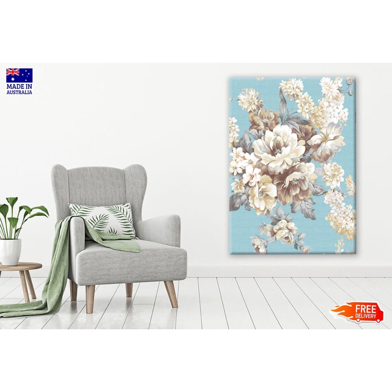 White Flowers on Blue Background Painting Print 100% Australian Made