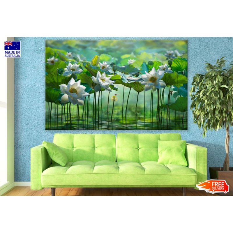 White Lotus Flowers on a Lake Digital Art Print 100% Australian Made
