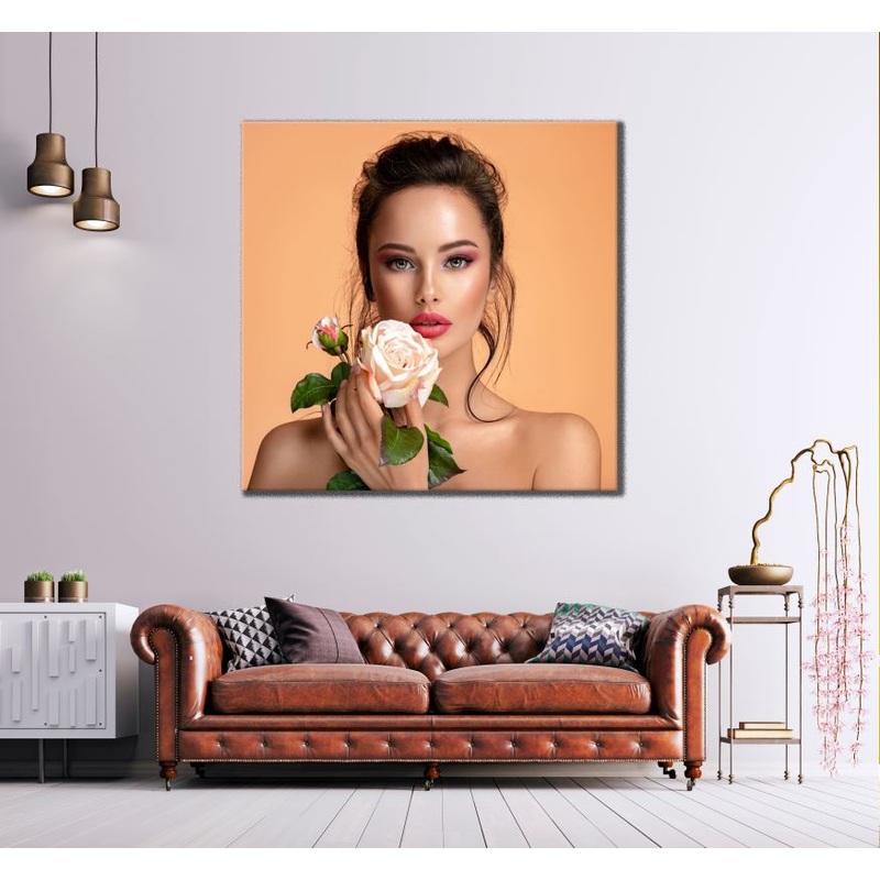 Square Canvas Beautiful Woman Holding A Rose Flower Photogrpah High Quality Print 100% Australian Made
