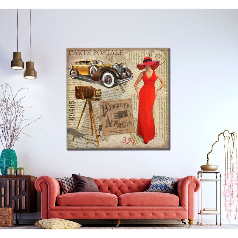 Square Canvas Fashion Woman & Car Vintage Art High Quality Print 100% Australian Made