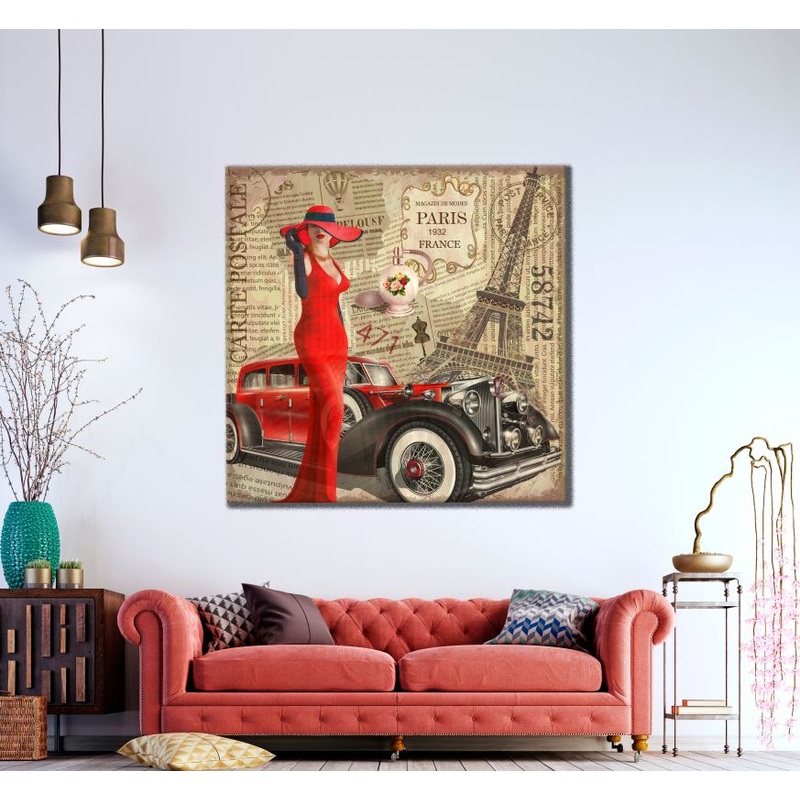Square Canvas Fashion Woman & Car with Eiffel Tower Vintage Art High Quality Print 100% Australian Made