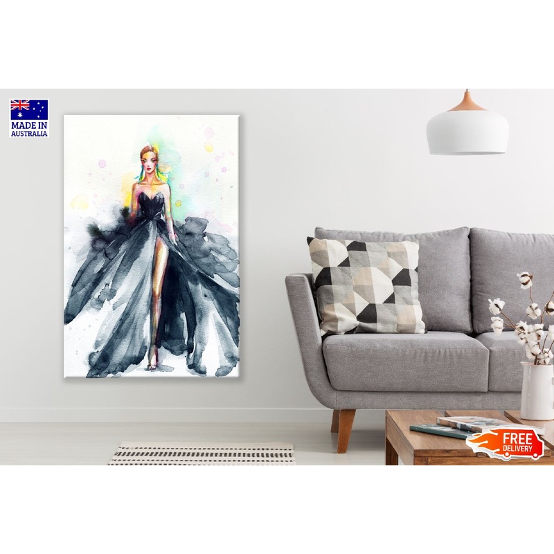 Black Fashion Dress Woman Watercolor Painting Print 100% Australian Made
