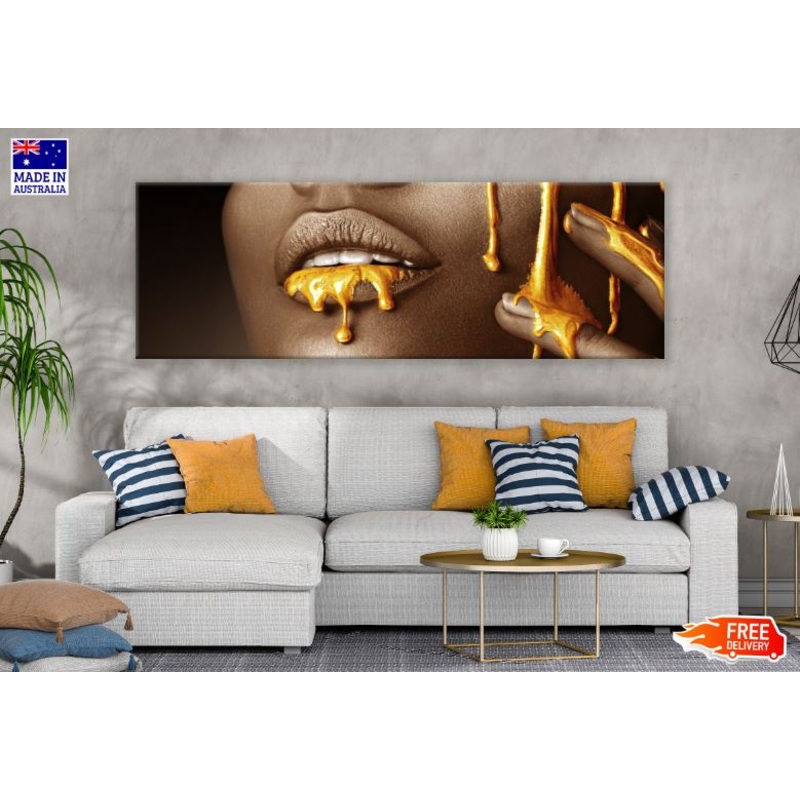 Panoramic Canvas Girl Portrait with Golden Make Up Fashion Photograph High Quality 100% Australian Made Wall Canvas Print Ready to Hang