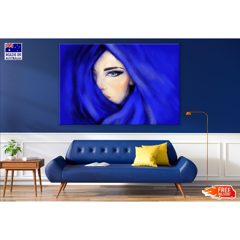 Blue Scarf Woman Face Fashion Pastel Painting Print 100% Australian Made