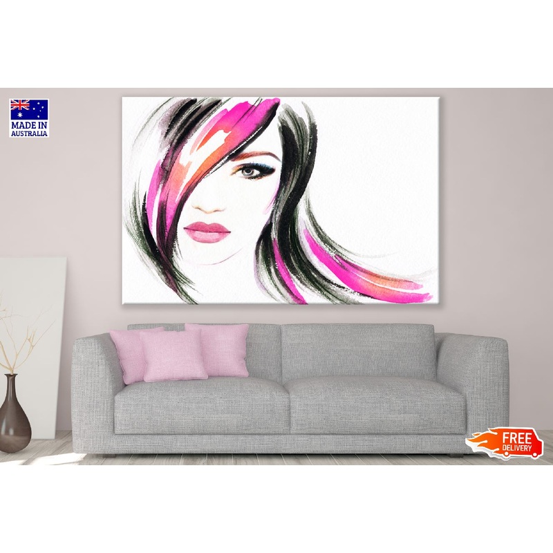 Fashion Lady with Pink & Black Hair Watercolor Painting Print 100% Australian Made