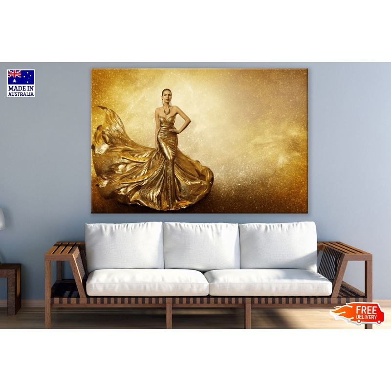 Fashion Woman with Flying Gold Dress Photograph Print 100% Australian Made