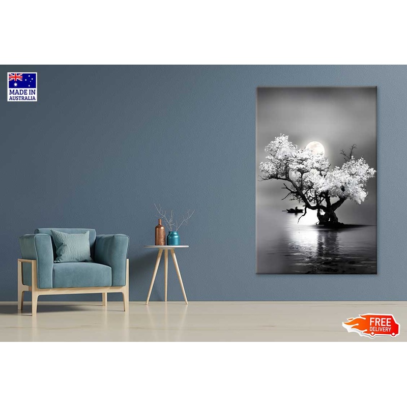 Bella Home Amazing Night View of Tree on Lake with Full Moon Print Canvas Ready to hang