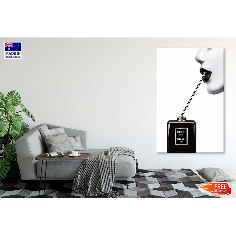 Bella Home Black Perfume Bottle Drinking with A Straw Print Canvas Ready to hang