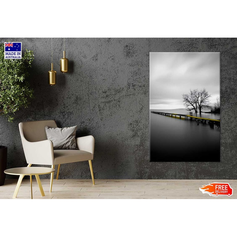Bella Home Scenic Night Yellow Wooden Pier with Black Lake Print Canvas Ready to hang