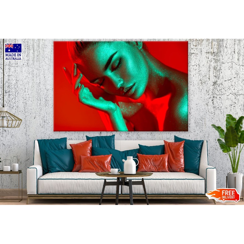 Makeup Woman in Green Neon Lights Photograph Print 100% Australian Made