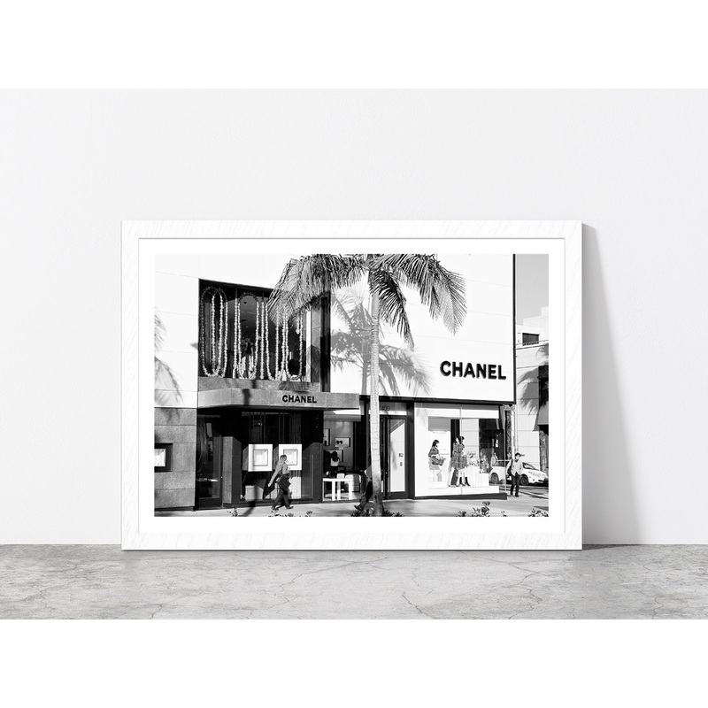 Palm Tree & People near Fashion Store Photograph Glass Framed Wall Art, Ready to Hang Quality Print