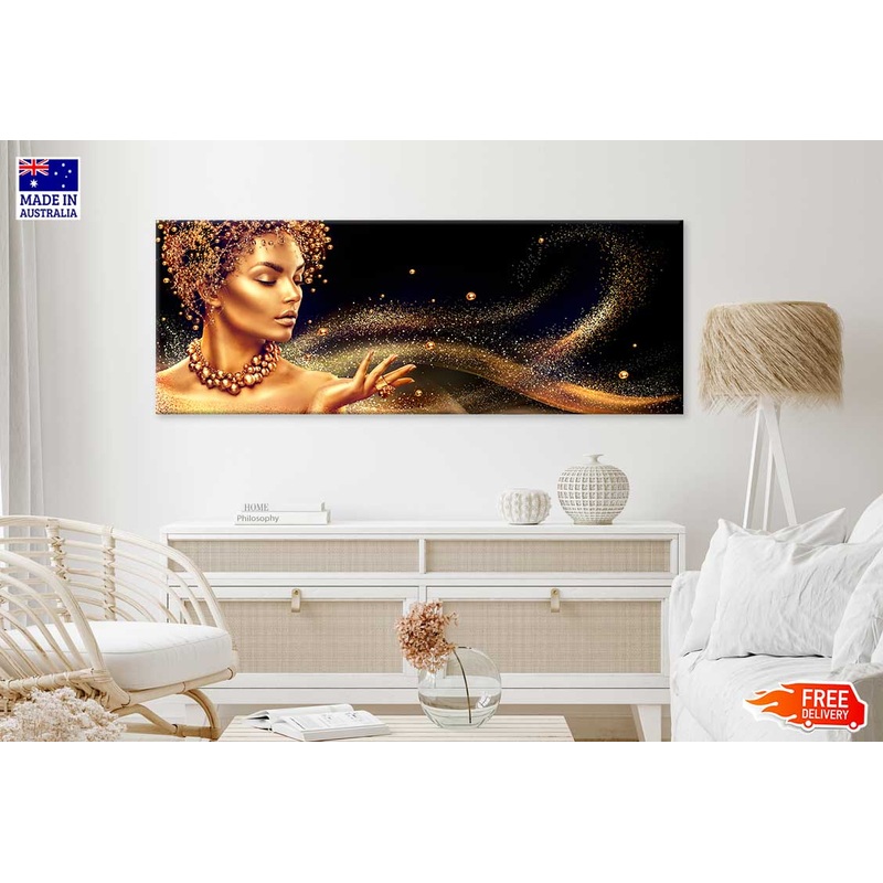 Panoramic Canvas Golden Makeup Girl High Quality 100% Australian Made Wall Canvas Print Ready to Hang