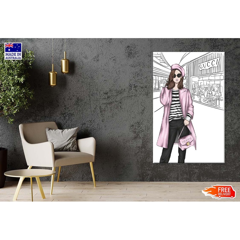 Pink Stylish Lady with Elegant Handbag Print 100% Australian Made