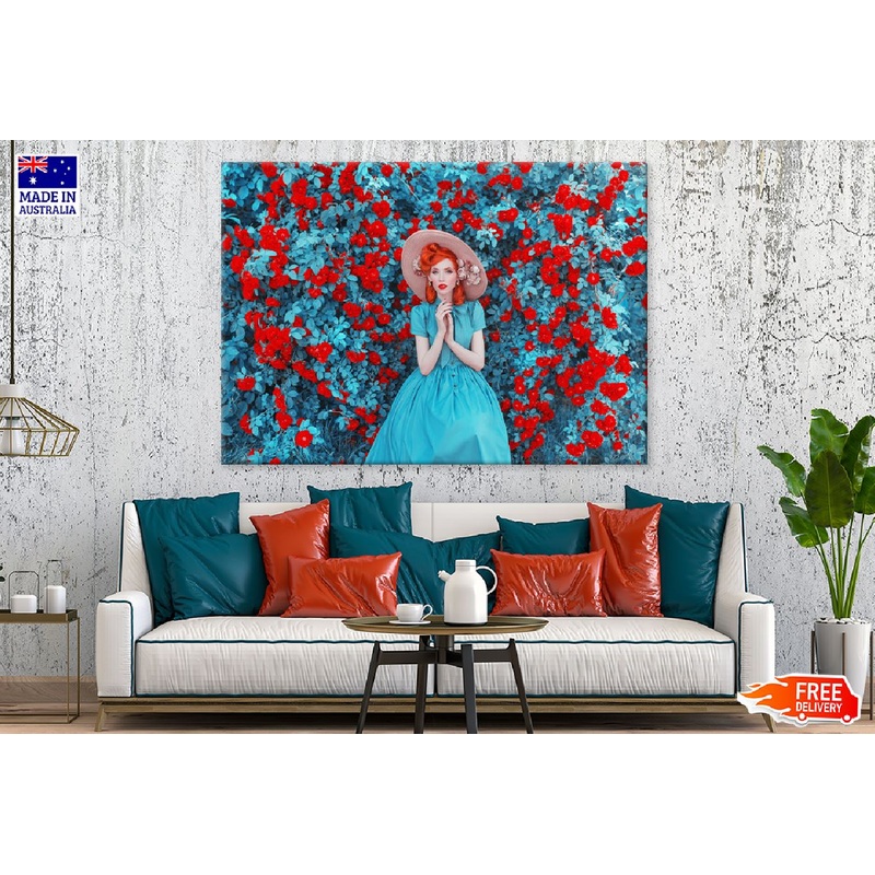 Red Lips Hat Girl in Rose Garden Print 100% Australian Made