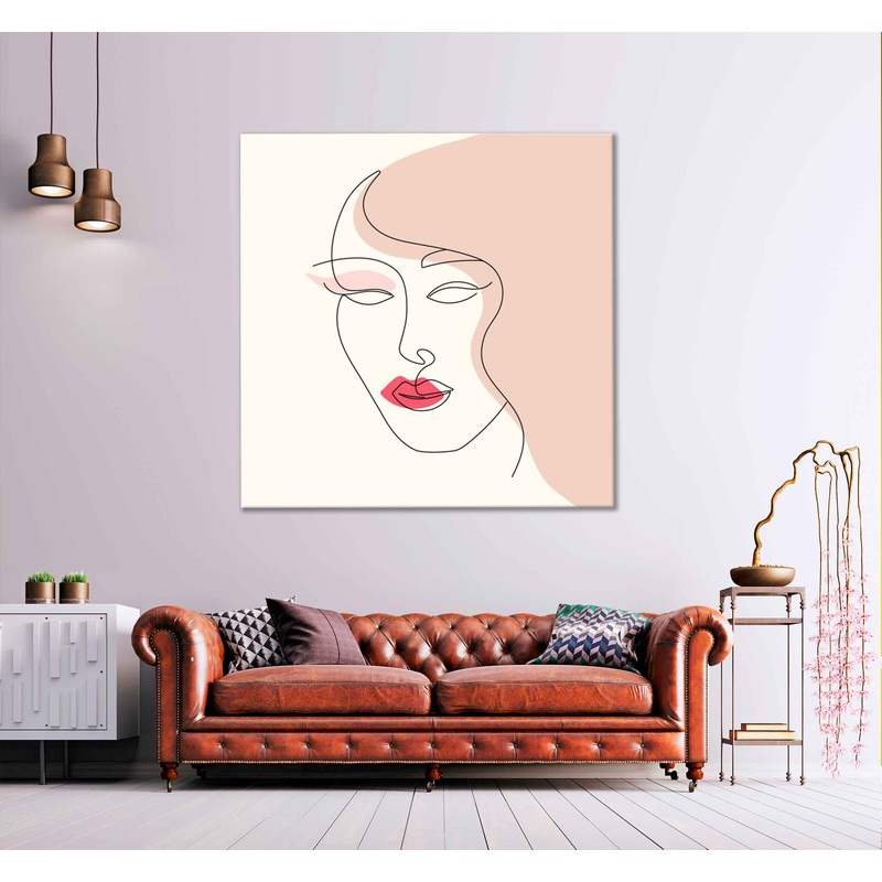Square Canvas Red Lips & Girl Face Line Art Design High Quality Print 100% Australian Made