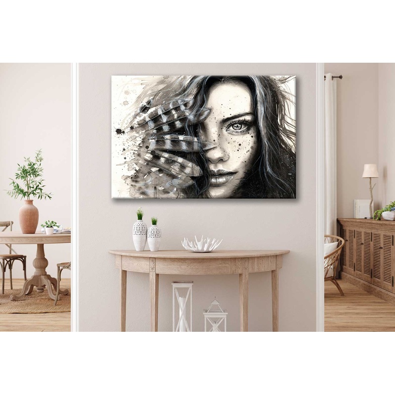 Bella Home Watercolor Girl With Feathers Print Canvas Ready to hang