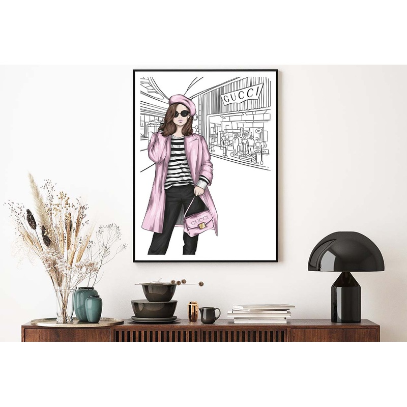 Pink Stylish Lady with Elegant Handbag Design Home Decor Premium Quality Poster Print Choose Your Sizes