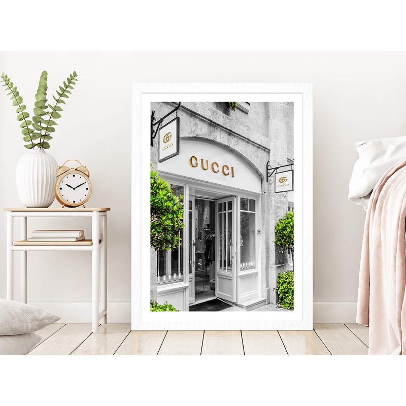 Trees near Fashion Store Photograph Glass Framed Wall Art, Ready to Hang Quality Print