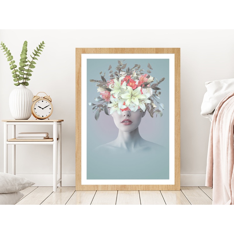Young Woman With Flowers Abstract Glass Framed Wall Art, Ready to Hang Quality Print