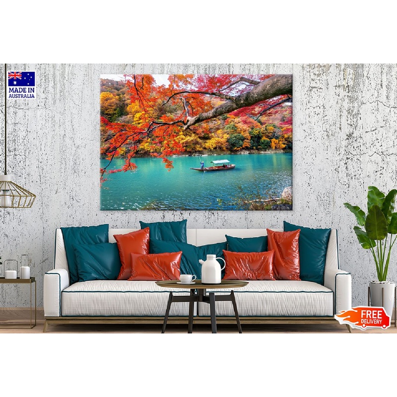 Autumn Tree Near Lake with Boat Photograph Print 100% Australian Made