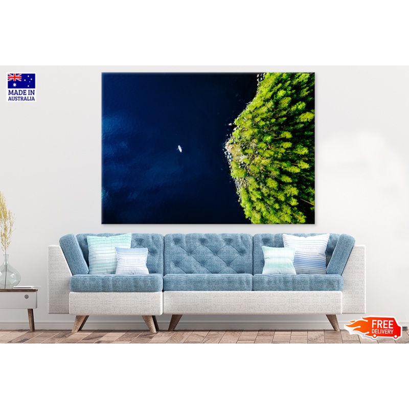 Trees & Boat On Sea Aerial View Print 100% Australian Made