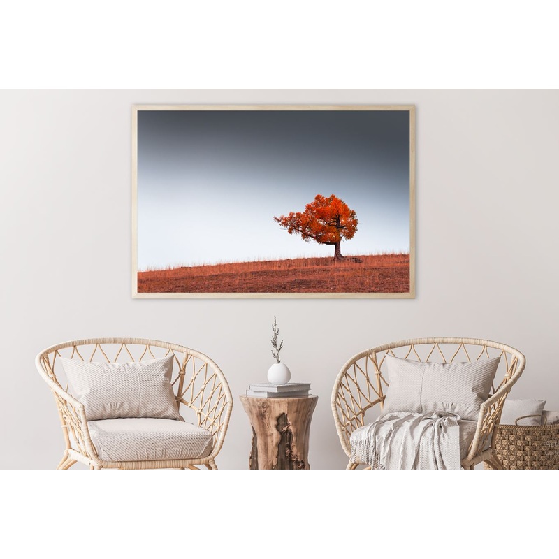 Alone Red Autumn Tree on Hill View Home Decor Premium Quality Poster Print Choose Your Sizes