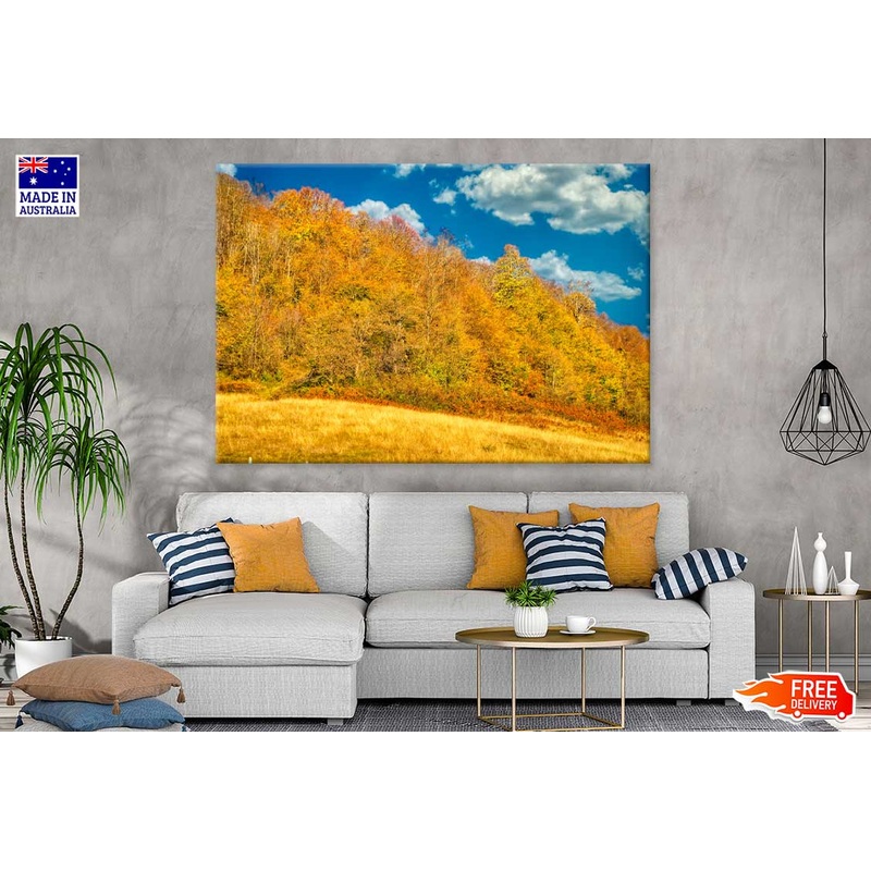 Autumn Trees Hill Cloudy Blue Sky View Photograph Print 100% Australian Made
