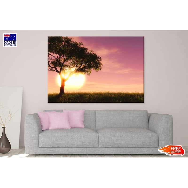 Tree on Grass Field Pink Sunset Photograph Print 100% Australian Made