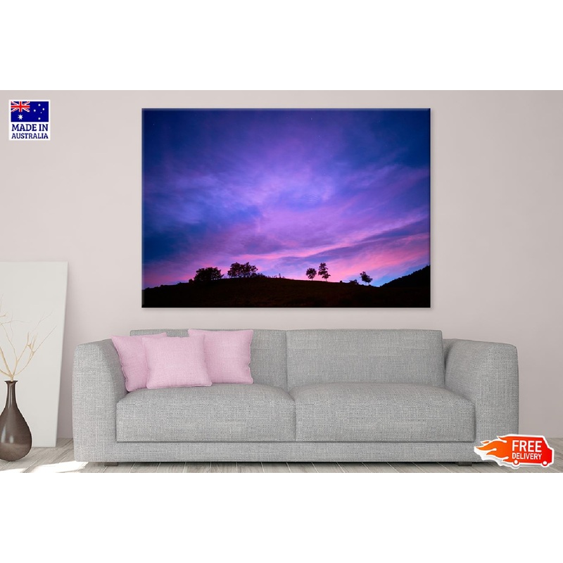 Trees on Hill Purple Sunset Sky Scenery Photograph Print 100% Australian Made