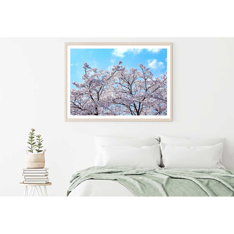 White Sakura Tree & Blue Sky View Photograph Home Decor Premium Quality Poster Print Choose Your Sizes