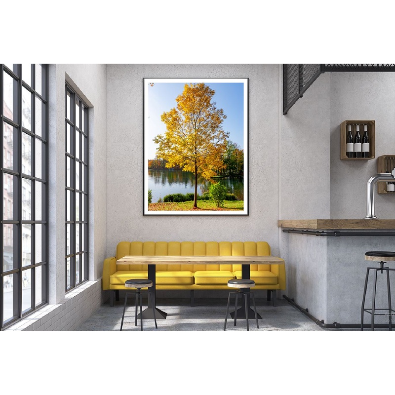 Yellow Autumn Tree near Lake View Photograph Home Decor Premium Quality Poster Print Choose Your Sizes