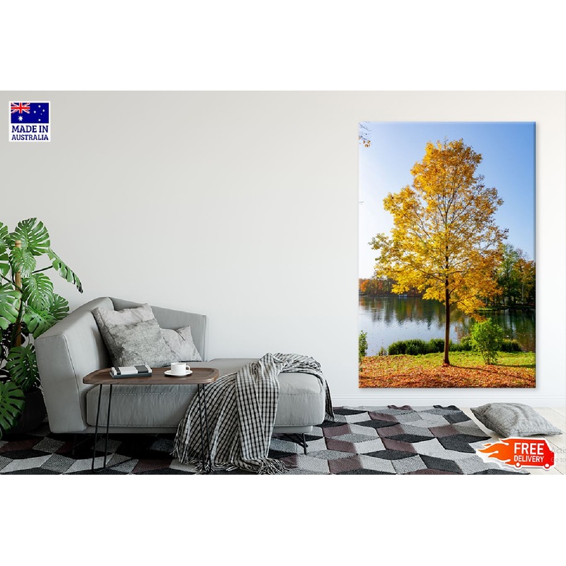 Yellow Autumn Tree near Lake View Photograph Print 100% Australian Made