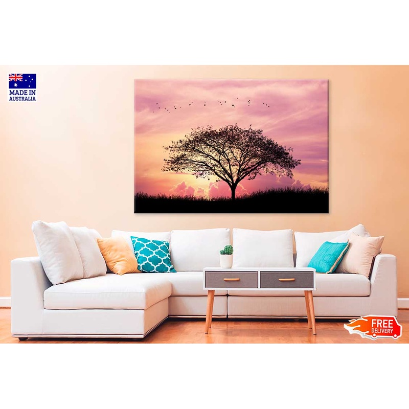 Alone Tree on Field Pink Sky Scenery Photograph Print 100% Australian Made