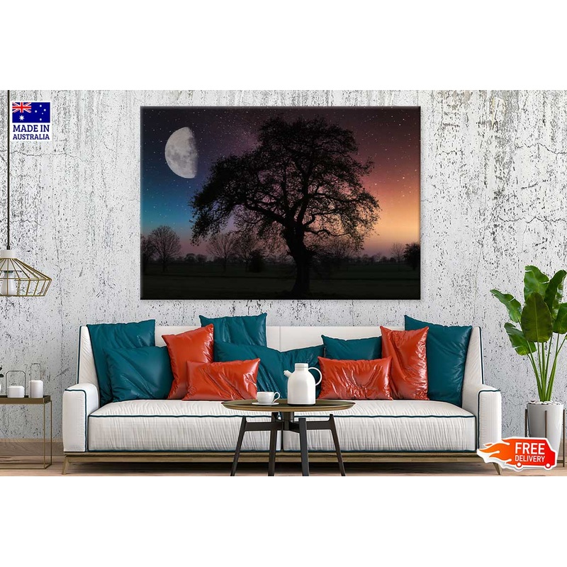 Alone Tree with Moon Sky Scenery Photograph Print 100% Australian Made