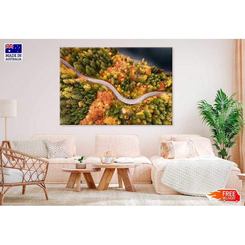 Autumn Forest Covered Road Aerial View Photograph Print 100% Australian Made