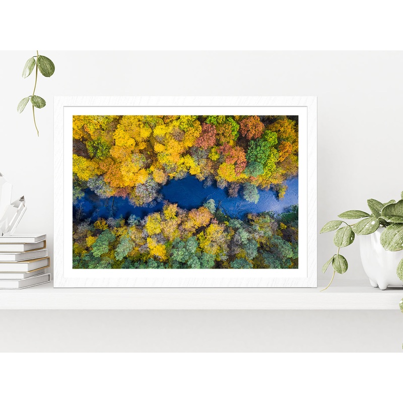 Autumn Forest & River Top View Glass Framed Wall Art, Ready to Hang Quality Print
