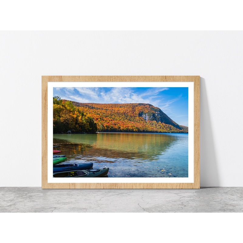 Autumn Forest With Lake & Boats Glass Framed Wall Art, Ready to Hang Quality Print