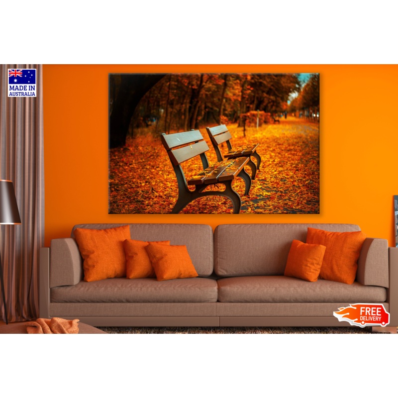 Autumn Leaves on ground & Bench with treesBackground Print 100% Australian Made