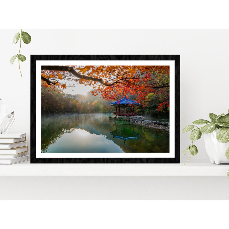 Autumn Leaves On Shore Of The Lake Glass Framed Wall Art, Ready to Hang Quality Print