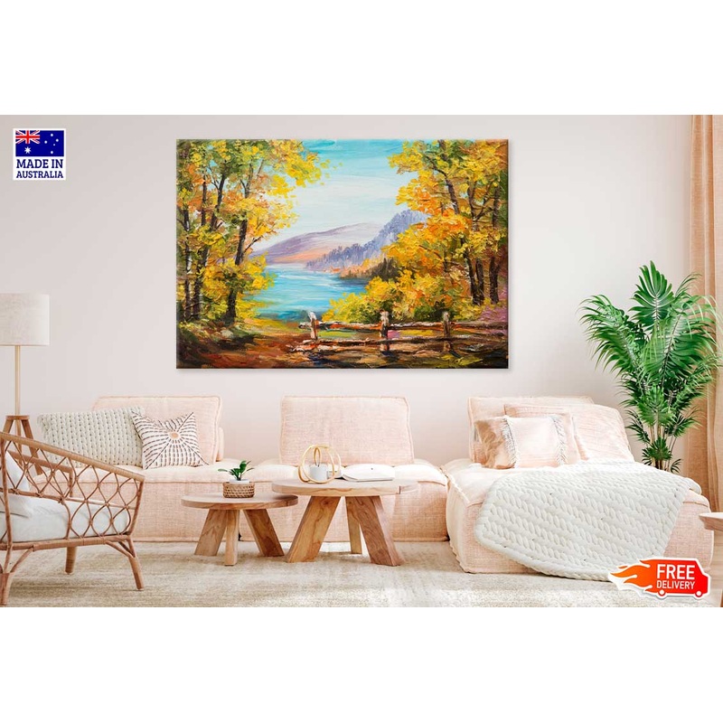 Autumn Trees & Lake Scenery Oil Painting Print 100% Australian Made